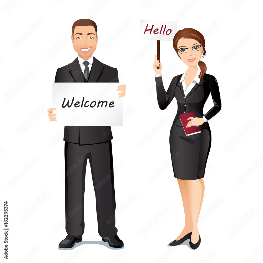 Group of people meet someone / A woman and a man greet someone with broadsheets Group of people meet someone / A woman and a man greet someone with broadsheets