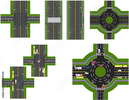 Set of abstract road junction. Crossroads of various roads. Roundabout Circulation. Transport. illustration