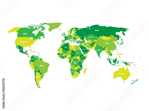 Political map of World in green scheme with country name labels. Isolated on white background. Vector illustration.