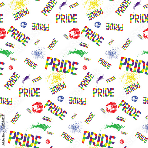 Colored rainbow letters of the handwritten text Pride. Seamless pattern on the theme of gay parade, vector design