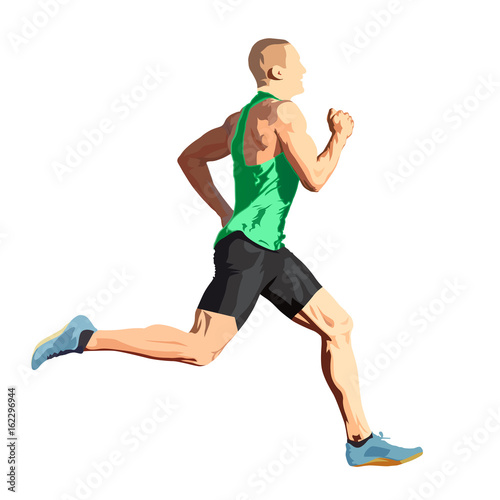 Running man in green shirt, isolated vector illustration, side view