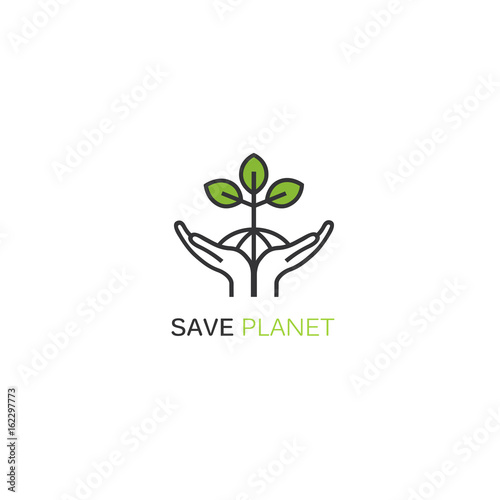 Vector logo design template in linear style - sprout growing from hands.