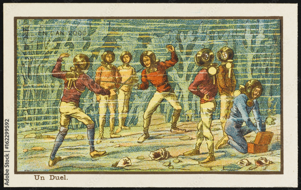 Futuristic underwater duel. Date: 1899