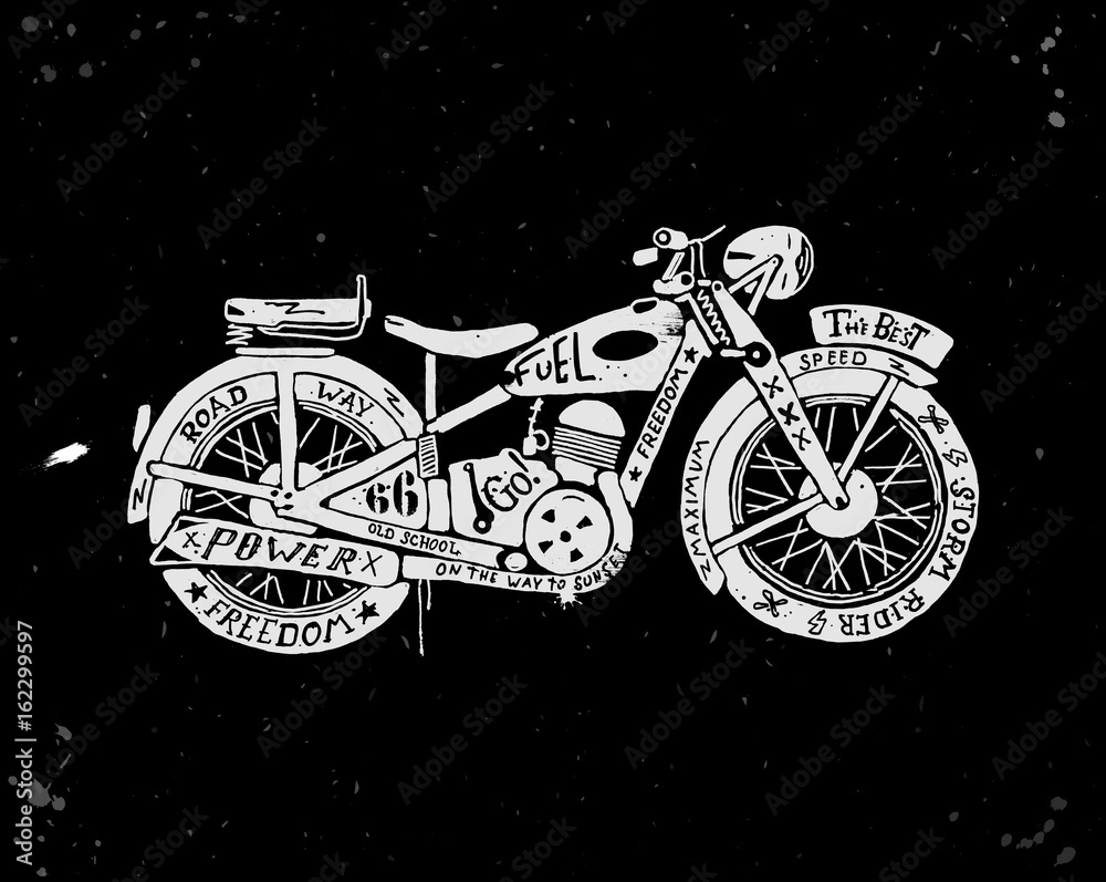 Naklejka premium Ręcznie rysowane sylwetka rocznika motocykla wypełnione tekstem. Ilustracja wektorowa grunge