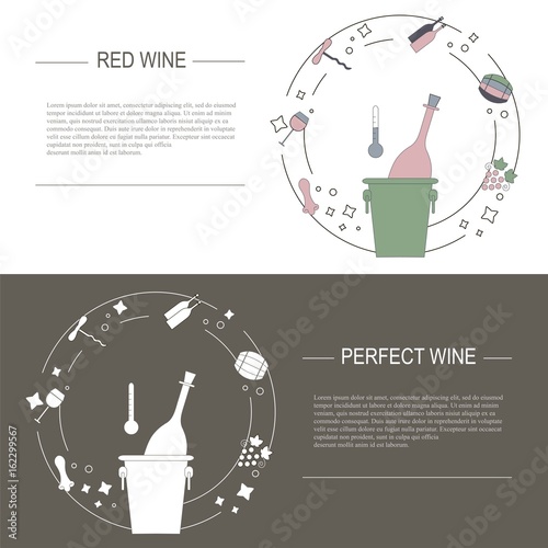 Design elements of wine concept, stock vector illustration. Vector flayers and banners in modern flat style, object isolated, white and colorful icons on white and black background, Lorem ipsum