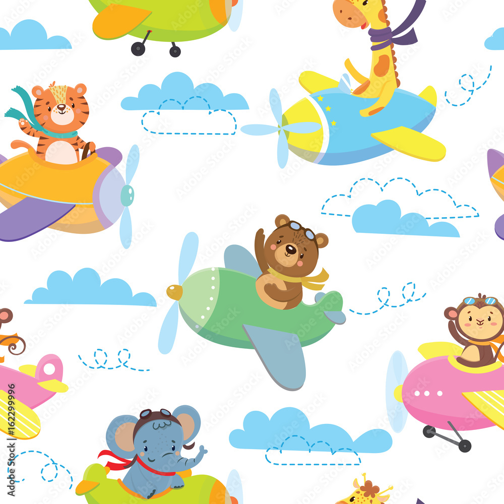 Fototapeta Bezszwowy wzór z ślicznym zwierzęciem na planein niebie. Ilustracji wektorowych