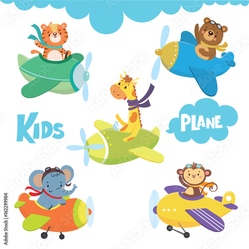 Set of cute animal on plane in sky.Funny pilots. Vector illustration