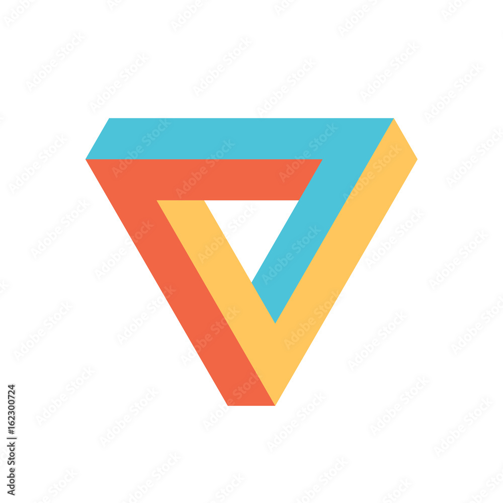 Penrose triangle icon in three colors. Geometric 3D object optical illusion. Vector illustration.