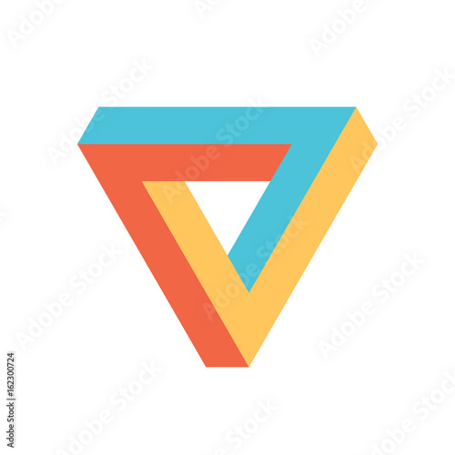 Penrose triangle icon in three colors. Geometric 3D object optical illusion. Vector illustration. photo