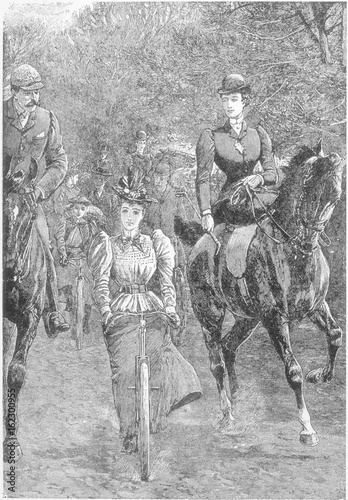 Cycling with Horses 1896. Date: 1896