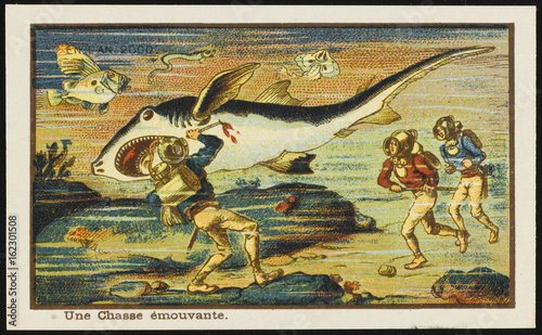 Futuristic shark hunt on the seabed. Date: 1899