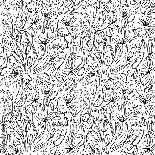 Vintage floral hand drawn seamless pattern. Hand drawn abstract fancy flowers. Folk painting style. Summer blooming ornament. Monochrome background. Repeatable backdrop.