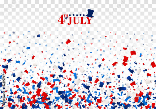 4th of July festive seamless background with top hat, stars. American Happy Independence Day design concept with scatter papers, stars in traditional American colors - red, white, blue. Isolated.