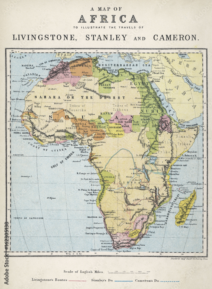 Map of Africa illustrating travels of explorers. Date: 19th century