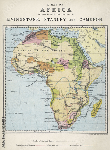 Map of Africa illustrating travels of explorers. Date  19th century