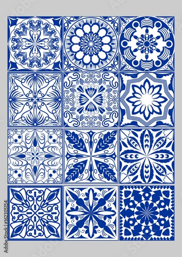 Majolica pottery tiles mega set, blue and white azulejos, original Portuguese and Spain decor