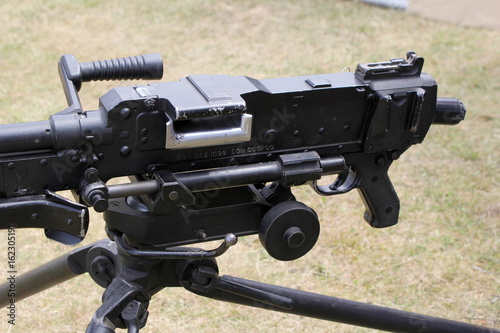 Close up of an L7A2 GPMG "GIMPY" General Purpose Machine Gun mounted on tripod