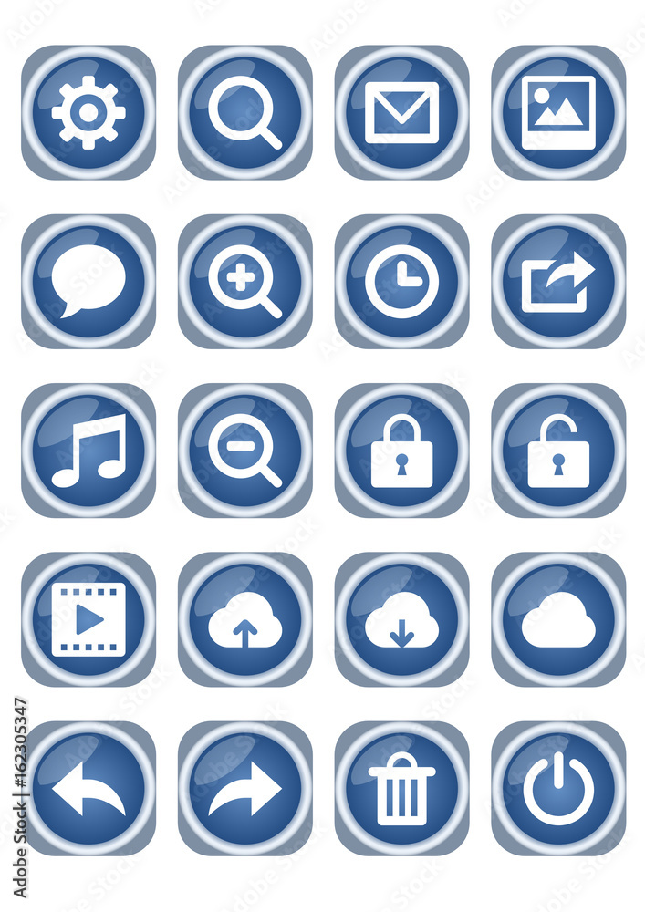 Web icon mega set, blue metallic icons with white pictograms, zoom, speech bubble, lock, cloud, trash and other Web icon mega set, blue metallic icons with white pictograms, zoom, speech bubble, lock, cloud, trash and other