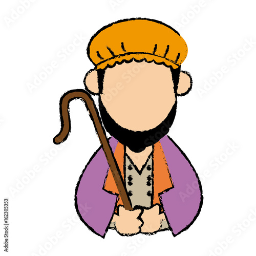 cartoon shepherd holding stick with tunic and turban vector illustration