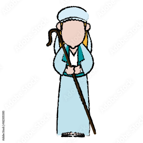 cartoon shepherd holding stick with tunic and turban vector illustration