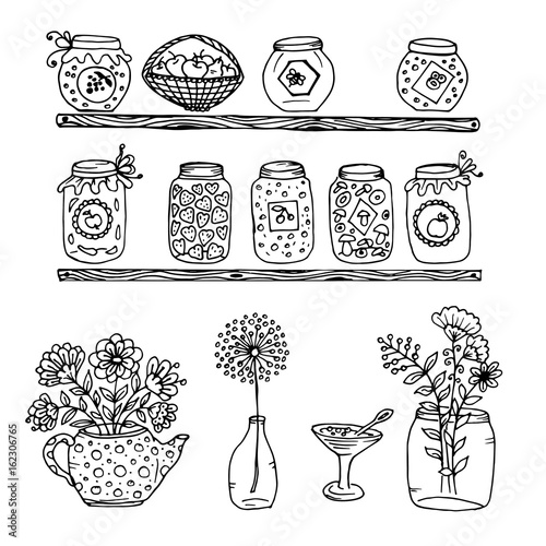 Doodle wooden shelves with a pot of jam and a pot of flowers and a Bank of flowers, bottle with flower