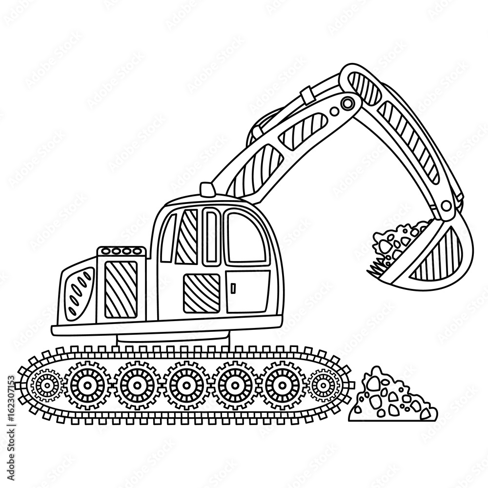 Vector Excavator. Black and White Excavator Vector Illustration. Stock