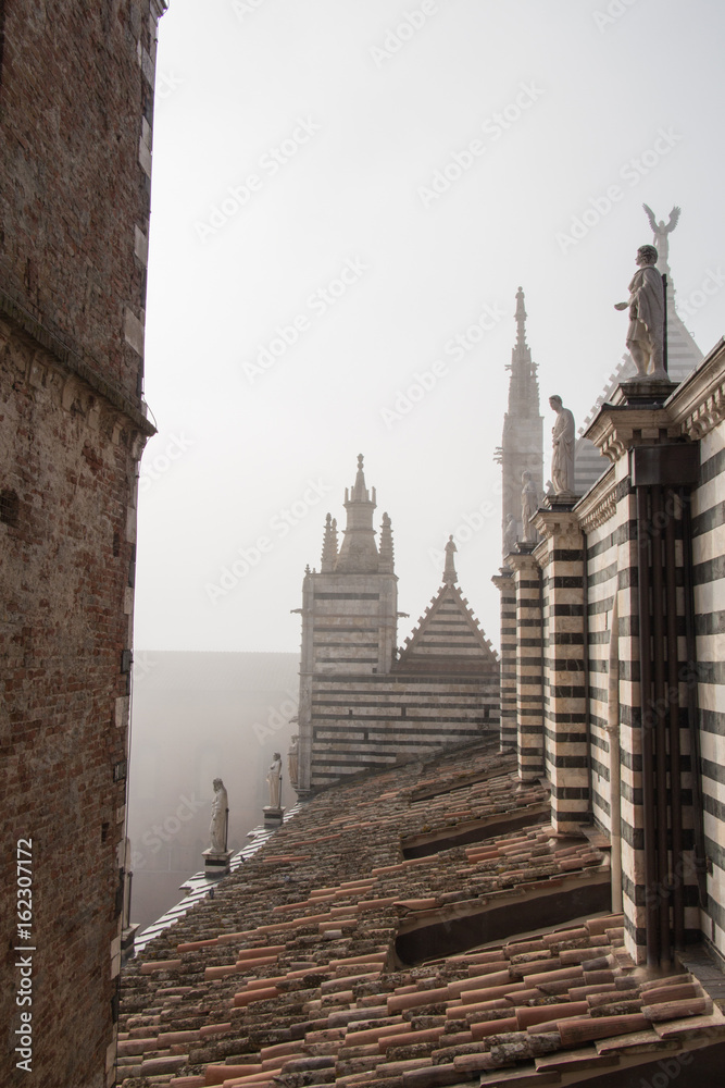 View of the tiled roof, arched windows and marble statues on Duomo di Siena. Metropolitan Cathedral of Santa Maria Assunta. Tuscany. Italy.