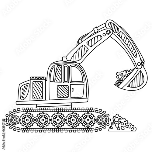 Vector Excavator. Black and White Excavator Vector Illustration. 