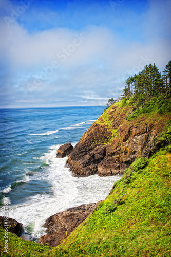 A coastal view from the North Head lighthouse in Cape Disappointment State Park in Washington, USA. The North Head lighthouse was built to compliment the nearby Cape Disappointment lighthouse.