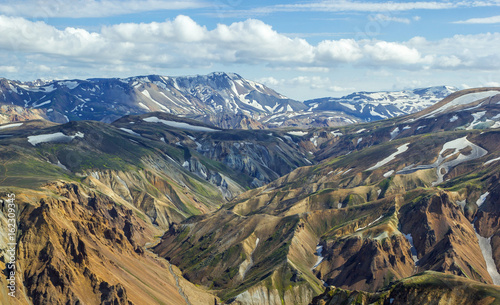 High colorful mountain ridge view with a peaks covered by snow from summit of Blahnakur mountain, Landmannalaugar, Iceland photo