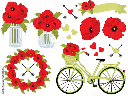 Fototapeta Naklejka Na Ścianę i Meble -  Vector Floral Set  with Poppies, Wreath, Mason Jar, Bicycle with Basket. Poppy Vector Illustration.