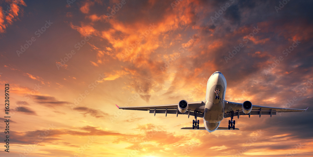 Landing airplane. Landscape with white passenger airplane is flying in the blue sky with clouds at colorful sunset. Travel background. Passenger airliner. Business trip. Commercial aircraft. Concept