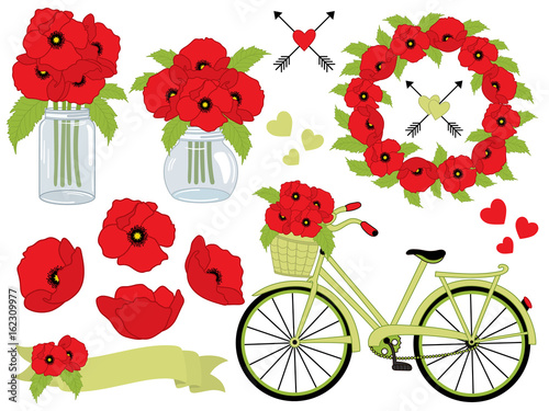 Fototapeta Naklejka Na Ścianę i Meble -  Vector Floral Set  with Poppies, Wreath, Mason Jar, Bicycle with Basket. Poppy Vector Illustration.