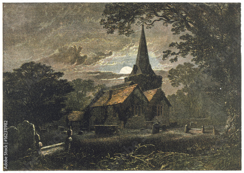 A spooky churchyard: Stoke Poges church. Date: circa 1860