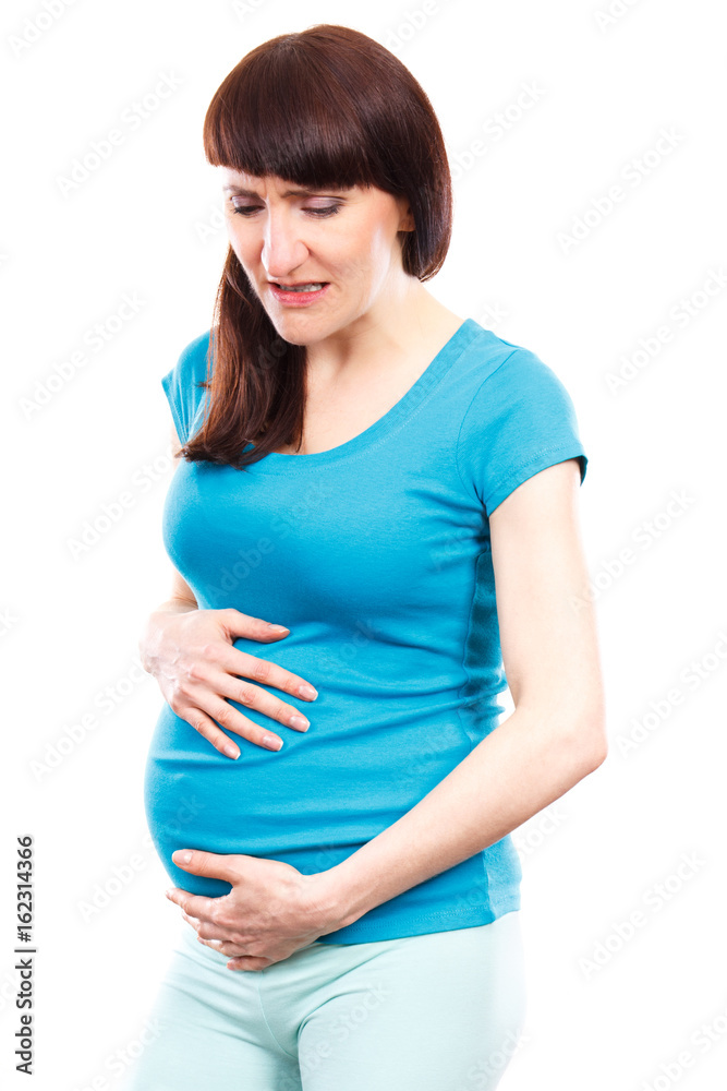 Pregnant woman with stomach pain, concept of aches in pregnancy and risk of miscarriage Pregnant woman with stomach pain, concept of aches in pregnancy and risk of miscarriage