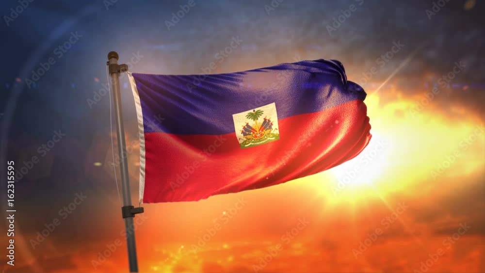 Haiti Flag Backlit At Beautiful Sunrise Loop Slow Motion 4K