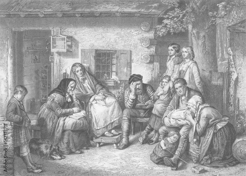 Fotobehang Settlers in Canada observing the Sabbath. Date: circa 1850