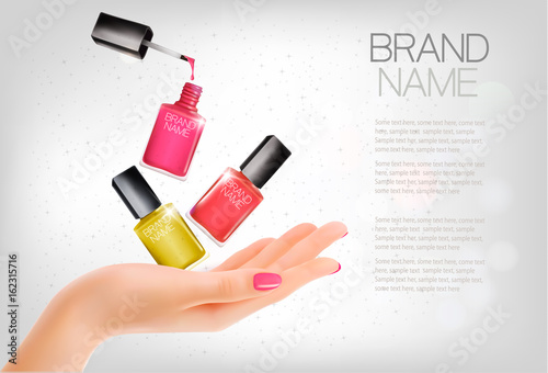 Manicured hands and several nail laquer bottles. Vector illustration