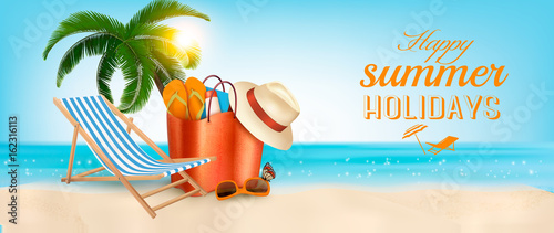 Tropical island with palms, a beach chair and a ocean. Vacation vector banner.