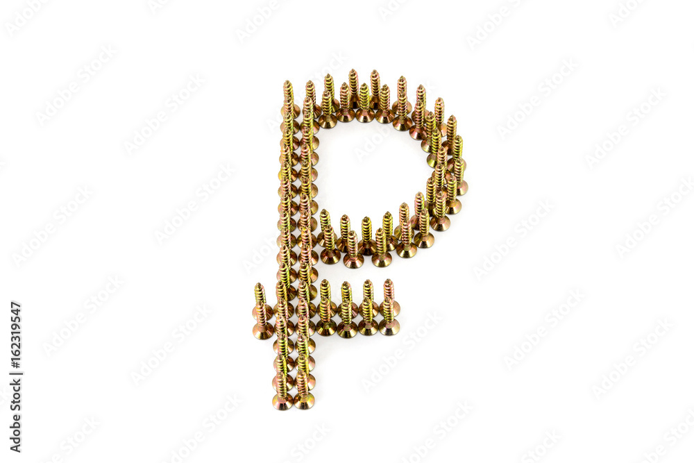Ruble symbol drawing with yellow avarage galvanized screws isolated on white background