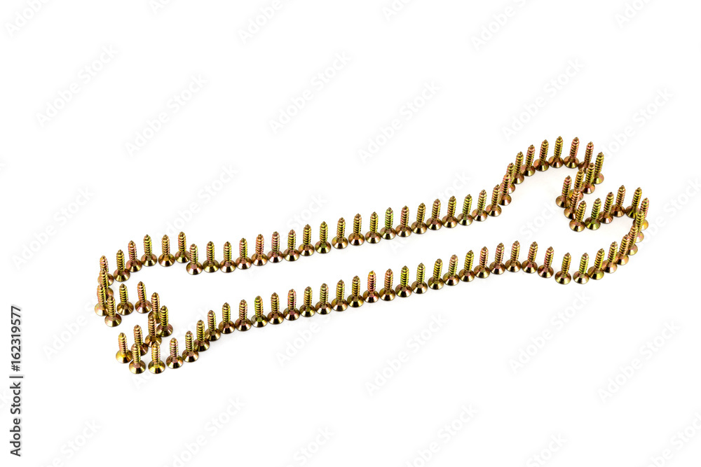Double-sided wrench drawing with yellow avarage galvanized screws isolated on white background Double-sided wrench drawing with yellow avarage galvanized screws isolated on white background