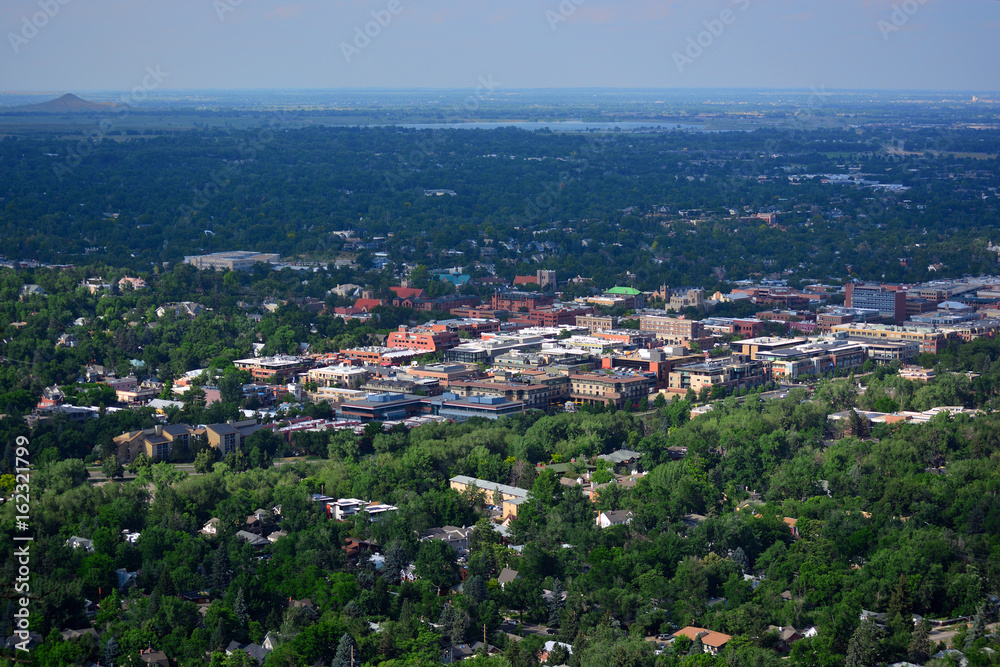 Downtown Boulder, Colorado on a Sunny Day with Boulder Reservoir and Haystack Mountain in the Background