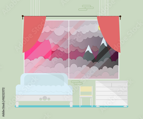 Interior of bedroom with a bed near a window.