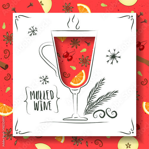 Vector illustration of mulled wine. Square white paper with cut out wineglass. Seamless pattern with seasoning and fruits on background.