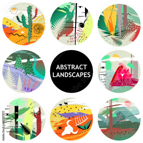 Set of eight round hand drawn compositions of nature, landscapes. Concept for logo, poster, print, advertising, touristic brochure, t-shirt.
