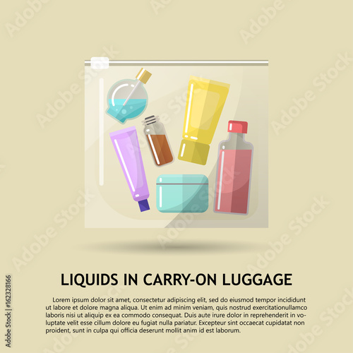 Vector flat illustration of the permissible packaging of liquid in carry-on luggage in airport. Transparent plastic bag with colored bottles inside.