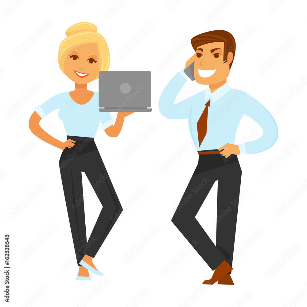 Businesspeople in formal clothes with devices isolated illustration