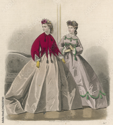 Two ladies wearing crinolines 1864. Date: 1864 photo