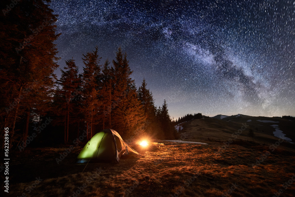 Night Camping Illuminated Tent And Campfire Near Forest Under Beautiful Night Sky Full Of Stars And Milky Way Stock Photo Adobe Stock