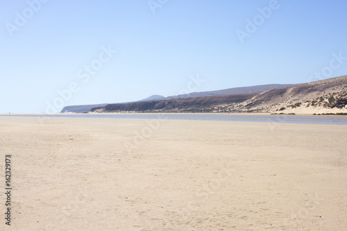 Incredible view of Costa Calma beach, blue clear lagoon. Playa Barca, Fuerteventura, Canary islands, Spain